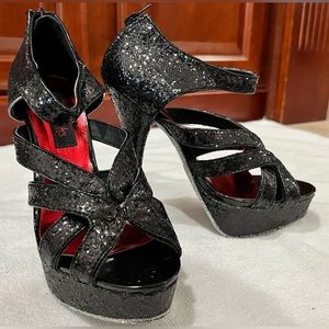 Frederick’s Black Glitter Open Toe Stiletto Heel with Silver Glitter Sole